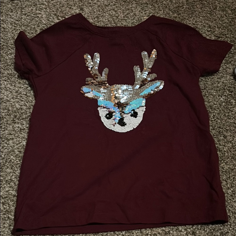 Burgundy T-Shirt with Sequin Deer Design